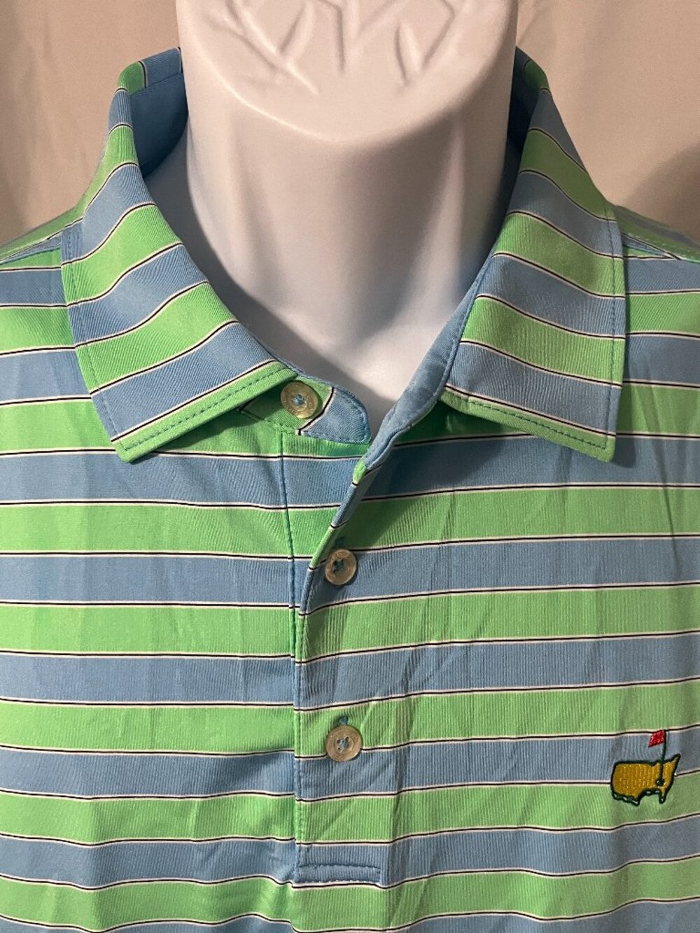 ⛳ Masters Tech Performance Golf Polo Shirt Men's L Blue Green White Striped 🏌️